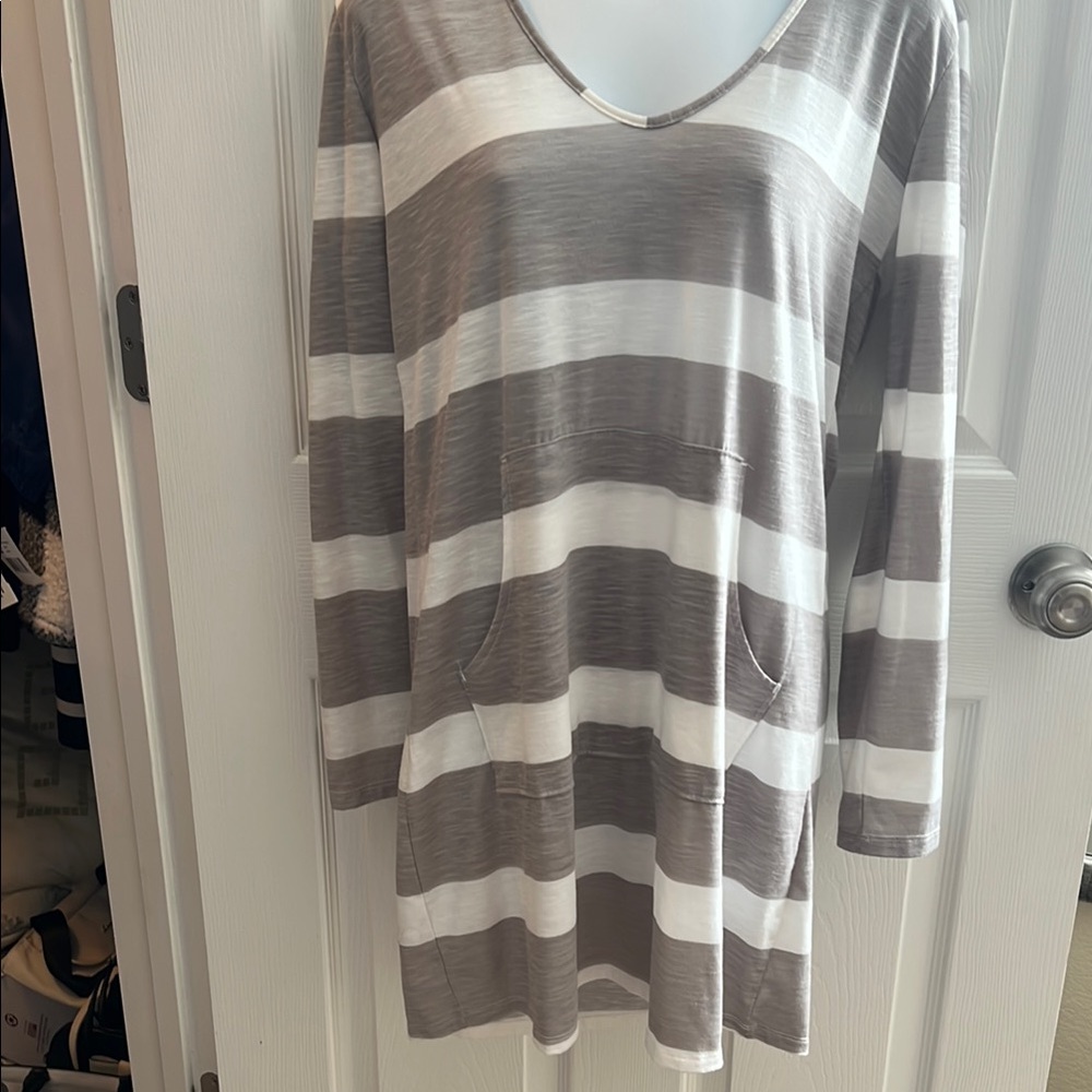 Merona Gray and White Striped V-Neck swim coverup